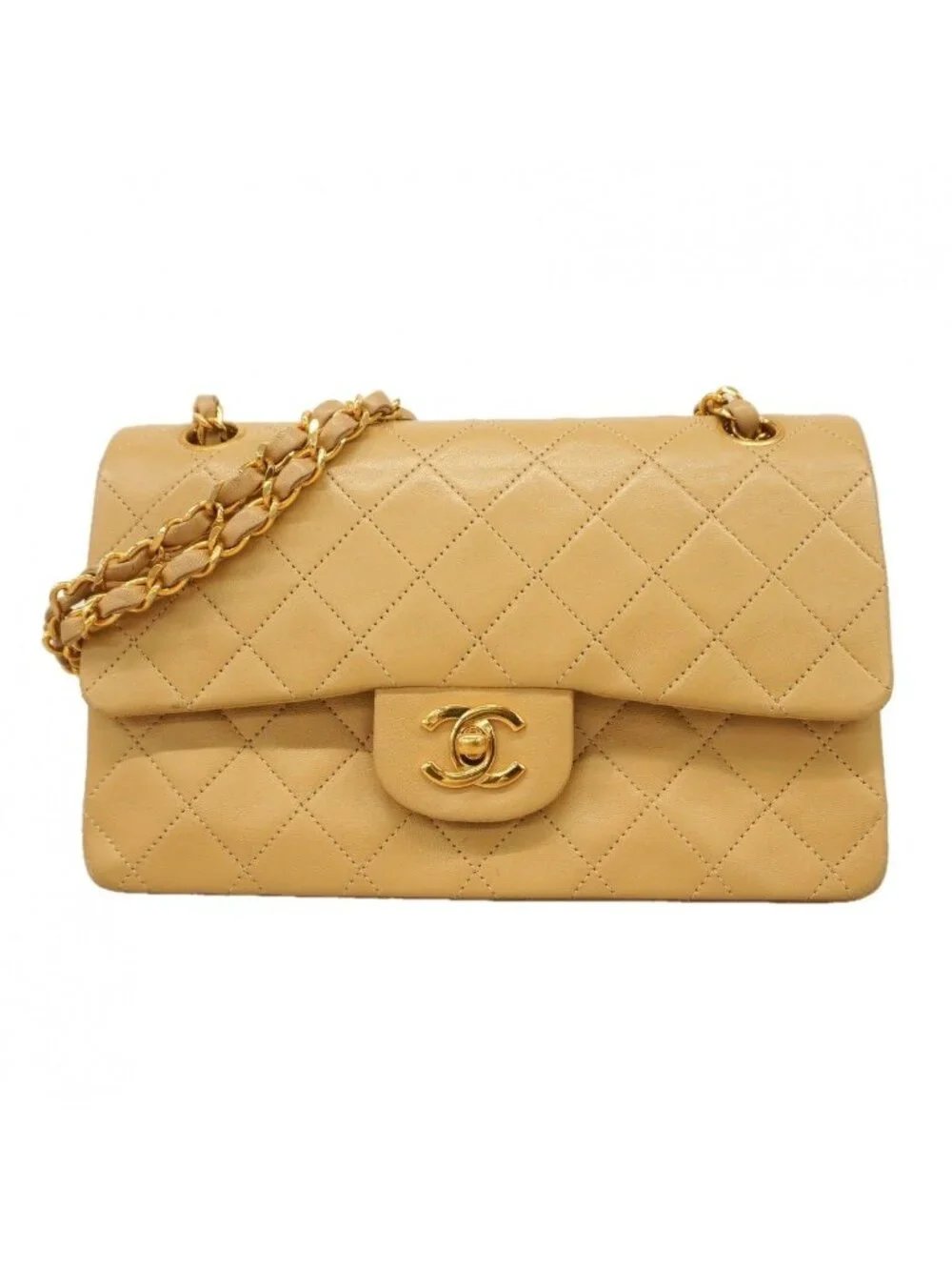 Chanel Shoulder Bag Quilted Lambskin Beige Gold